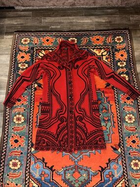ETRO Italy Red Black Jacquard Knit Long Sweater Coat Size IT 42 / US 6